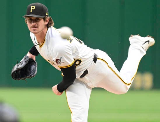Pittsburgh Pirates pitcher Mason Montgomery (46) starts against the Colorado Rockies at PNC Park on Thursday, May 14, 2026 in Pittsburgh.  PIT2026051401 ArchiexCarpenter