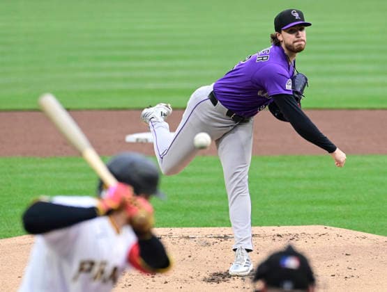 Colorado Rockies pitcher Chase Dollander (32) starts against the Pittsburgh Pirates at PNC Park on Thursday, May 14, 2026 in Pittsburgh.  PIT2026051408 ArchiexCarpenter