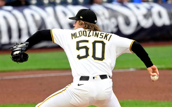 Pittsburgh Pirates pitcher Carmen Mlodzinski (50) throws in third inning against the Colorado Rockies at PNC Park on Thursday, May 14, 2026 in Pittsburgh.  PIT2026051415 ArchiexCarpenter