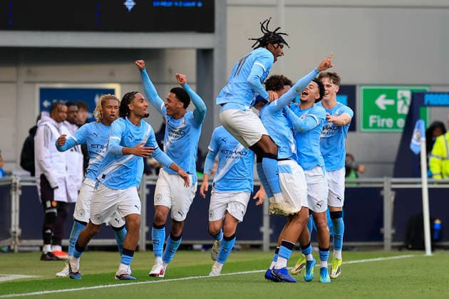 U18 Manchester City v U18 Manchester United, ManU FA Youth Cup Floyd Samba (8) of Manchester City celebrates scoring to make it 1-0 during the FA Youth Cup Final match between U18 Manchester City and U18 Manchester United at the Joie Stadium, Manchester, UK on 14 May 2026. Manchester Joie Stadium Gt Manchester UK Editorial use only DataCo restrictions apply See www.football-dataco.com , Copyright: xConorxMolloyx PSI-24255-0029