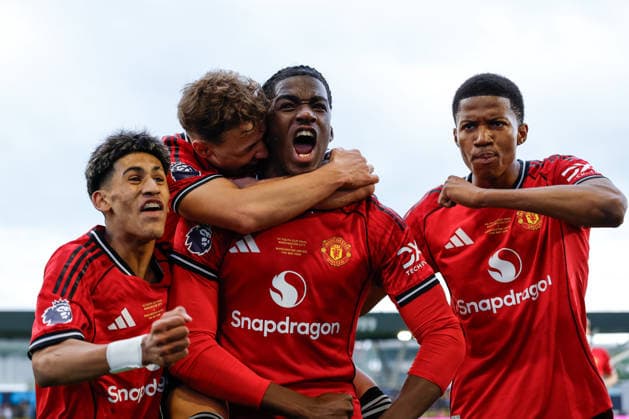 Manchester, England, 14th May 2026. Godwill Kukonki of Manchester United, ManU celebrates scoring their sides first goal during the Manchester City U18 vs Manchester United U18 FA Youth Cup Final match at the Academy Stadium, Manchester. Picture credit should read: Cody Froggatt Sportimage EDITORIAL USE ONLY. No use with unauthorised audio, video, data, fixture lists, club league logos or live services. Online in-match use limited to 120 images, no video emulation. No use in betting, games or single club league player publications. SPI_030_CF_MANCHESTER_CITY_U18_V_MANCHESTER_UNITED_U18 SPI-4801-0028