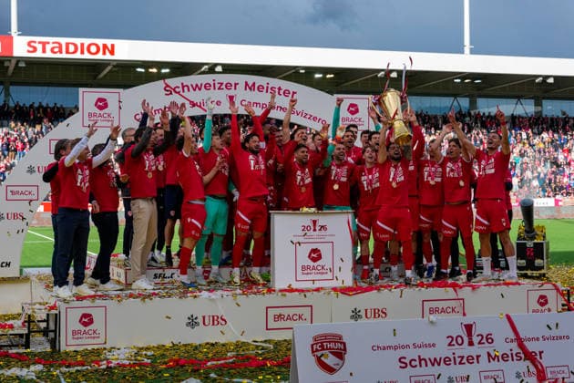 Switzerland Brack Super League 2025 2026, FC Thun vs BSC Young Boys Stockhorn Arena, Thun FC Thun as Swiss champion 2026 after last years promotion to the highest Swiss league, is champion for the first time in the clubs history Thun Stockhorn Arena Bern Switzerland Copyright: xKjetilxWaberx