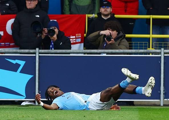 Reigan Heskey of Manchester City celebrates scoring a goal to make it 2-1 Manchester City U18 v Manchester United, ManU U18, FA Youth Cup Final, Football, Joie Stadium, Manchester , UK - 14 May 2026Manchester Joie Stadium United Kingdom EDITORIAL USE ONLY No use with unauthorised audio, video, data, fixture lists, club league logos or live services. Online in-match use limited to 120 images, no video emulation. No use in betting, games or single club league player publications.  Copyright: xMattxWest Shutterstockx 16871363aa