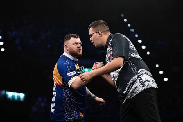 RECORD DATE NOT STATED 14th May 2026, Utilita Arena, Birmingham, Midlands, England; 2026 PDC Bet MGM Premier League Darts Night Fourteen; Gian van Veen shakes hands with his opponent Josh Rock before their quarter final match GodfreyxPitt