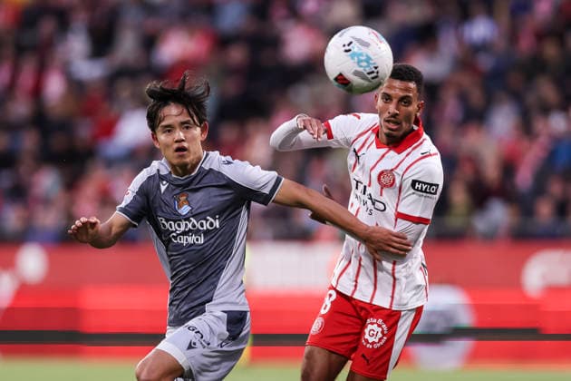 May 14, 2026, Girona, Girona, SPAIN: Takefusa Kubo of Real Sociedad and Azzedine Ounahi of Girona FC compete for the ball during the Spanish league, LaLiga EA Sports, football match played between Girona FC and Real Sociedad at Montilivi stadium on May 14, 2026 in Girona, Spain. Girona SPAIN - ZUMAa181 20260514_zaa_a181_076 Copyright: xJavierxBorregox