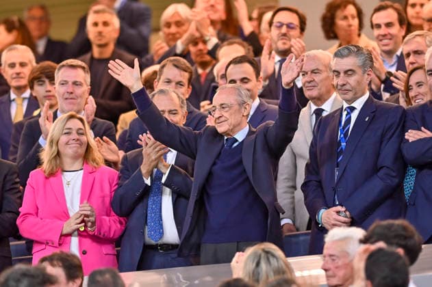May 14, 2026, Madrid, Madrid, Spain: Real Madrid President FLORENTINO PEREZ entering the box and greeting members and fans during the match corresponding to the thirty-six round of the 2025 26 First Division National League Championship between REAL MADRID C.F. Vs REAL OVIEDO, played at the Bernabeu Stadium on May 14, 2026, in Madrid, Spain. Madrid Spain - ZUMAc312 20260514_zsp_c312_009 Copyright: xOscarxManuelxSanchezx