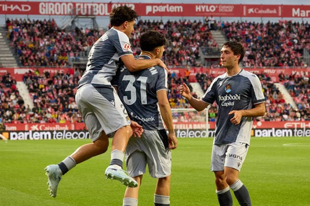 ESP LaLiga EA Sports Girona FC v Real Sociedad Jon Martin of Real Sociedad scores goal and celebrates his goal with Jon Mikel Aramburu of Real Sociedad and Jon Gorrotxategi of Real Sociedad during LaLiga EA Sports, between Girona FC v Real Sociedad played at Montilivi Stadium, Girona on May 14th, 2026 in Spain Girona ESTADIO MONTILIVI CATALUNYA Spain Football Copyright: xEddyxKelelex xAgenciaxLOFx