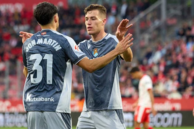 ESP LaLiga EA Sports Girona FC v Real Sociedad Jon Martin of Real Sociedad scores goal and celebrates his goal and Luka Sucic of Real Sociedad during LaLiga EA Sports, between Girona FC v Real Sociedad played at Montilivi Stadium, Girona on May 14th, 2026 in Spain Girona ESTADIO MONTILIVI CATALUNYA Spain Football Copyright: xEddyxKelelex xAgenciaxLOFx