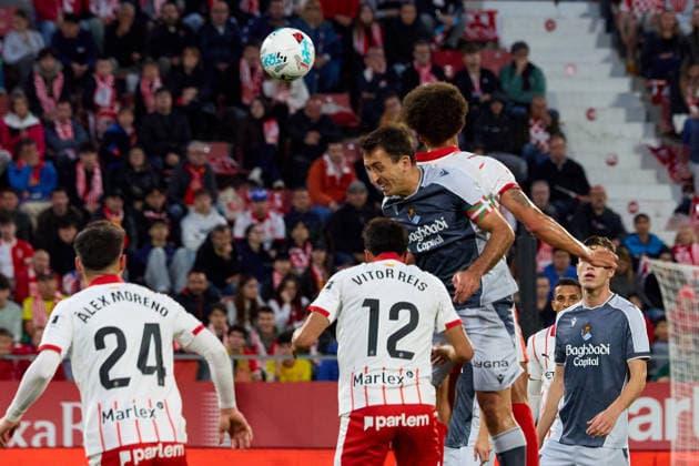ESP LaLiga EA Sports Girona FC v Real Sociedad Mikel Oyarzabal of Real Sociedad challenges for a header during LaLiga EA Sports, between Girona FC v Real Sociedad played at Montilivi Stadium, Girona on May 14th, 2026 in Spain Girona ESTADIO MONTILIVI CATALUNYA Spain Futbol Copyright: xEddyxKelelex xAgenciaxLOFx