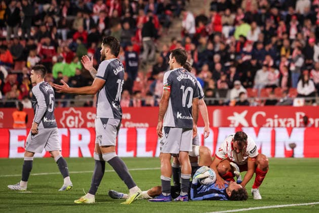 May 14, 2026, Girona, Girona, SPAIN: Alex Remiro of Real Sociedad hurts during the Spanish league, LaLiga EA Sports, football match played between Girona FC and Real Sociedad at Montilivi stadium on May 14, 2026 in Girona, Spain. Girona FC V Real Sociedad - LaLiga EA Sports  - ZUMAa181 20260514_zaa_a181_140 Copyright: xJavierxBorregox