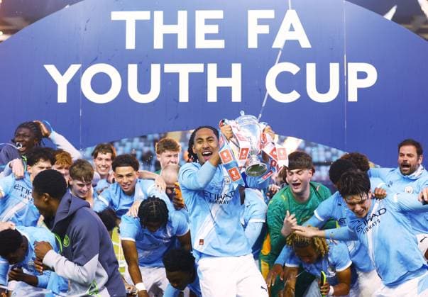 Manchester City lift the FA Youth Cup trophy at the end of the match Manchester City U18 v Manchester United, ManU U18, FA Youth Cup Final, Football, Joie Stadium, Manchester , UK - 14 May 2026Manchester Joie Stadium United Kingdom EDITORIAL USE ONLY No use with unauthorised audio, video, data, fixture lists, club league logos or live services. Online in-match use limited to 120 images, no video emulation. No use in betting, games or single club league player publications.  Copyright: xMattxWest Shutterstockx 16871363ak