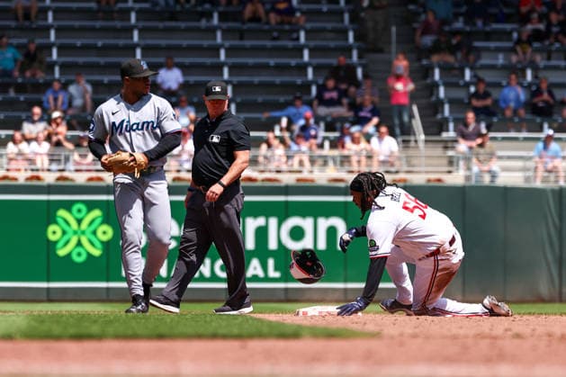 May 14, 2026, Minneapolis, Minnesota, USA: Minnesota Twins first baseman JOSH BELL (56) slides safely into second base for a RBI double during a MLB, Baseball Herren, USA Baseball game between the Miami Marlins and the Minnesota Twins at Target Field in Minneapolis, Minnesota on May 14th, 2026. ZUMA Press Wire. Minneapolis USA - ZUMAg254 20260514_zsp_g254_082 Copyright: xStevenxGarciax