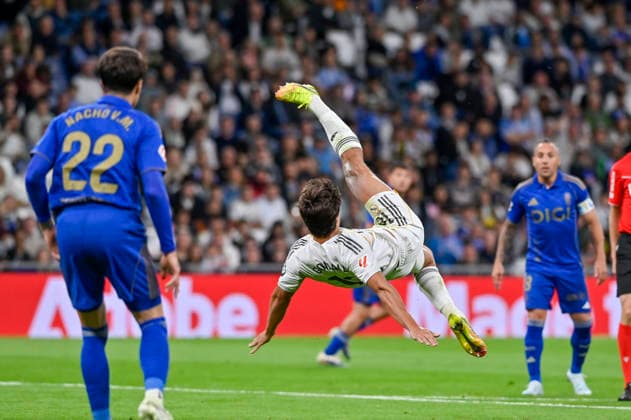 May 14, 2026, Madrid, Madrid, Spain: GONZALO GARCIA of Real Madrid CF in action try to do a bicycle kick (CHILENA) during the match corresponding to the thirty-six round of the 2025 26 First Division National League Championship between REAL MADRID C.F. Vs REAL OVIEDO, played at the Bernabeu Stadium on May 14, 2026, in Madrid, Spain. Madrid Spain - ZUMAc312 20260514_zsp_c312_083 Copyright: xOscarxManuelxSanchezx