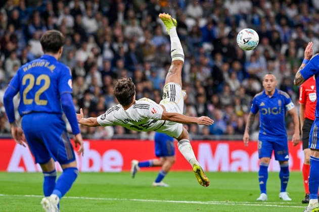 May 14, 2026, Madrid, Madrid, Spain: GONZALO GARCIA of Real Madrid CF in action try to do a bicycle kick (CHILENA) during the match corresponding to the thirty-six round of the 2025 26 First Division National League Championship between REAL MADRID C.F. Vs REAL OVIEDO, played at the Bernabeu Stadium on May 14, 2026, in Madrid, Spain. Madrid Spain - ZUMAc312 20260514_zsp_c312_080 Copyright: xOscarxManuelxSanchezx
