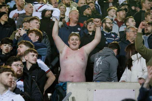Bradford City v Bolton Wanderers, EFL Sky Bet League 1, Play Off Second Leg Bolton fans celebrate at full time during the EFL Sky Bet League 1 play off second leg match between Bradford City and Bolton Wanderers at the University of Bradford stadium, Bradford, UK on 14 May 2026. Bradford University of Bradford stadium West Yorkshire UK Editorial use only DataCo restrictions apply See www.football-dataco.com , Copyright: xPaulxThompsonx PSI-24256-0023