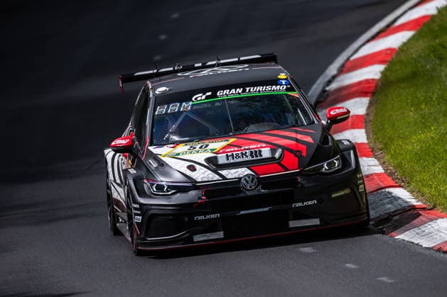 The VW Golf GTI Clubsport 24h with starting number 50 from the Max Kruse Racing team with drivers Benjamin Leuchter, Johan Kristoffersen, Heiko Hammel and Nicholas Otto drives during Qualifying 1 on the Nordschleife of the Nürburgring Nürburg Rhineland-Palatinate Germany