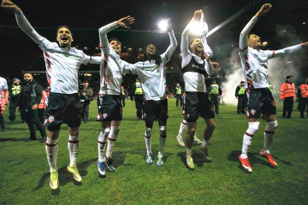 Bradford City v Bolton Wanderers, EFL Sky Bet League 1, Play Off Second Leg Bolton players celebrate at full time during the EFL Sky Bet League 1 play off second leg match between Bradford City and Bolton Wanderers at the University of Bradford stadium, Bradford, UK on 14 May 2026. Bradford University of Bradford stadium West Yorkshire UK Editorial use only DataCo restrictions apply See www.football-dataco.com , Copyright: xPaulxThompsonx PSI-24256-0025