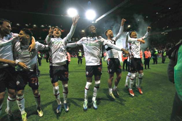 Bradford City v Bolton Wanderers, EFL Sky Bet League 1, Play Off Second Leg Bolton players celebrate at full time during the EFL Sky Bet League 1 play off second leg match between Bradford City and Bolton Wanderers at the University of Bradford stadium, Bradford, UK on 14 May 2026. Bradford University of Bradford stadium West Yorkshire UK Editorial use only DataCo restrictions apply See www.football-dataco.com , Copyright: xPaulxThompsonx PSI-24256-0026