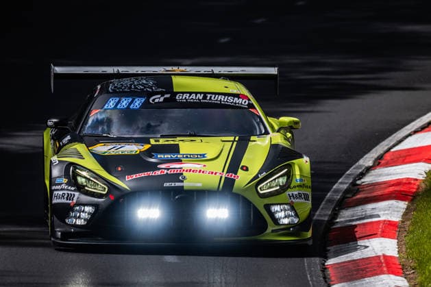 The Mercedes AMG GT3 with starting number 11 from Team SR Motorsport by Schnitzelalm with drivers Kenneth Heyer, Jannes Fittje, Jay Mo Härtling and Philip Ellis drives on the Nordschleife of the Nürburgring Nürburg Rhineland-Palatinate Germany during Qualifying 1