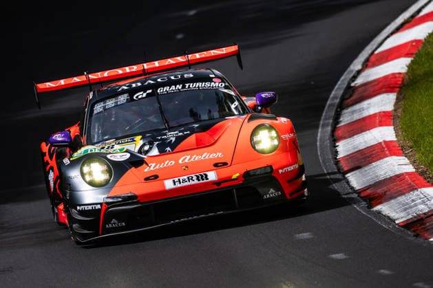 The Porsche 911 GT3 R 992 Evo26 with starting number 18 from Team Lionspeed GP with drivers Kyle Tilley, Jake Hill and Patrick Kolb drives on the Nordschleife of the Nürburgring Nürburg Rhineland-Palatinate Germany during Qualifying 1