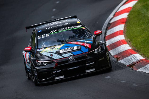 The VW Golf GTI Clubsport 24h with starting number 10 from the Max Kruse Racing team with drivers Matthias Wasel, Christoph Lenz, Max Kruse and Jens Dralle drives during Qualifying 1 on the Nordschleife of the Nürburgring Nürburg Rhineland-Palatinate Germany