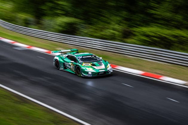 The Lamborghini Huracan GT3 EVO2 with starting number 130 from Team Red Bull Team ABT with drivers Marco Mapelli, Nicky Catsburg and Nicholas Yelloly drives on the Nordschleife of the Nürburgring Nürburg Rhineland-Palatinate Germany during Qualifying 1