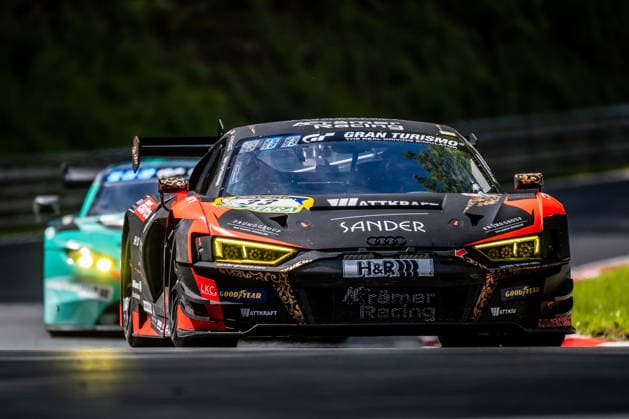 The Audi R8 LMS GT3 evo II with starting number 33 from the KKrämer Racing team with drivers Tobias Vazquez Garcia, Fidel Leib, Michele di Martino and Karsten Krämer drives during Qualifying 1 on the Nordschleife of the Nürburgring Nürburg Rhineland-Palatinate Germany