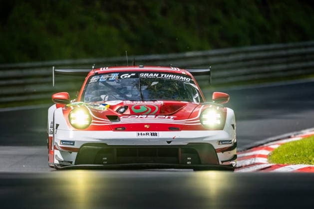 The Porsche 911 GT3 R 992 Evo26 with starting number 86 from the High Class Racing team with drivers Kerong Li, Anders Fjordbach, Hongli Ye and King Harry drives on the Nordschleife of the Nürburgring Nürburg Rhineland-Palatinate Germany during Qualifying 1
