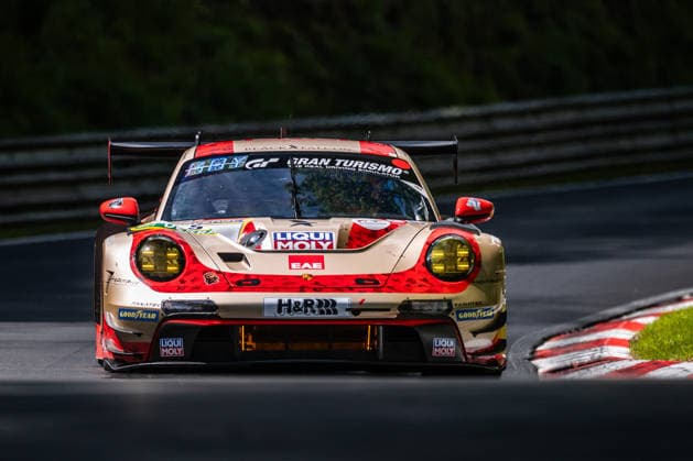 The Porsche 911 GT3 R 992 Evo26 with starting number 5 from BLACK FALCON Team EAE with drivers Mustafa Mehmet Kaya, Thomas Kiefer, Gabriele Piana and Mike Stursberg drives on the Nordschleife of the Nürburgring Nürburg Rhineland-Palatinate Germany during Qualifying 1