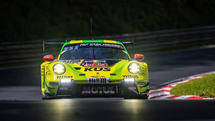 The Porsche 911 GT3 R 992 Evo26 with the starting number 911 from Team Manthey with the drivers Kevin Estre, Ayhancan Güven and Thomas Preining drives during Qualifying 1 on the Nordschleife of the Nürburgring Nürburg Rhineland-Palatinate Germany