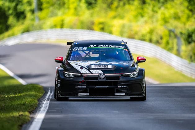 The VW Golf GTI Clubsport 24h with starting number 76 from the Max Kruse Racing team with drivers Timo Hochwind, Nicholas Otto, Fabian Vettel and Jonathan Mogotsi drives during Qualifying 1 on the Nordschleife of the Nürburgring Nürburg Rhineland-Palatinate Germany