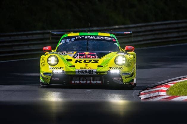 The Porsche 911 GT3 R 992 Evo26 with the starting number 911 from Team Manthey with the drivers Kevin Estre, Ayhancan Güven and Thomas Preining drives during Qualifying 1 on the Nordschleife of the Nürburgring Nürburg Rhineland-Palatinate Germany