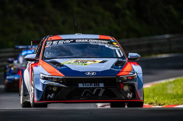 The Hyundai Motor Company ELANTRA N TCR with starting number 830 from Team Hyundai Motorsport N with drivers Marc Basseng, Manuel Lauck, Nico Bastian and Mikel Azcona drives on the Nordschleife of the Nürburgring Nürburg Rhineland-Palatinate Germany during Qualifying 1