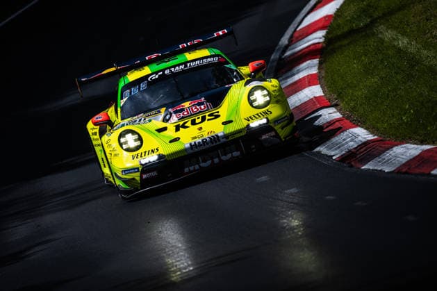 The Porsche 911 GT3 R 992 Evo26 with the starting number 911 from Team Manthey with the drivers Kevin Estre, Ayhancan Güven and Thomas Preining drives during Qualifying 1 on the Nordschleife of the Nürburgring Nürburg Rhineland-Palatinate Germany