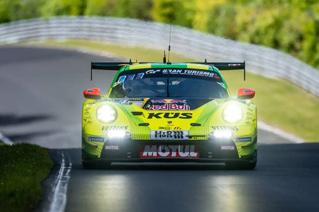 The Porsche 911 GT3 R 992 Evo26 with the starting number 911 from Team Manthey with the drivers Kevin Estre, Ayhancan Güven and Thomas Preining drives during Qualifying 1 on the Nordschleife of the Nürburgring Nürburg Rhineland-Palatinate Germany