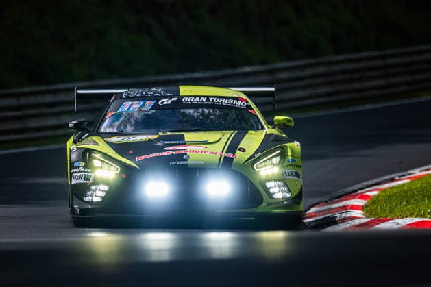 The Mercedes AMG GT3 with starting number 11 from Team SR Motorsport by Schnitzelalm with drivers Kenneth Heyer, Jannes Fittje, Jay Mo Härtling and Philip Ellis drives on the Nordschleife of the Nürburgring Nürburg Rhineland-Palatinate Germany during Qualifying 1