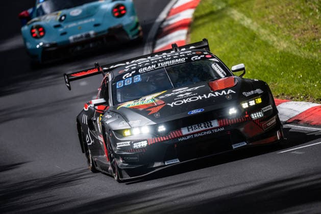 The Ford Mustang GT3 EVO 2026 with starting number 65 from the HRT Ford Racing team with drivers Hubert Haupt, Vincent Kolb, David Schumacher and Colin Caresani drives during Qualifying 1 on the Nordschleife of the Nürburgring Nürburg Rhineland-Palatinate Germany