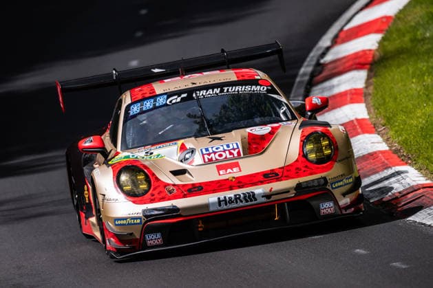 The Porsche 911 GT3 R 992 Evo26 with starting number 5 from BLACK FALCON Team EAE with drivers Mustafa Mehmet Kaya, Thomas Kiefer, Gabriele Piana and Mike Stursberg drives on the Nordschleife of the Nürburgring Nürburg Rhineland-Palatinate Germany during Qualifying 1