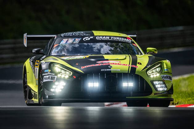 The Mercedes AMG GT3 with starting number 11 from Team SR Motorsport by Schnitzelalm with drivers Kenneth Heyer, Jannes Fittje, Jay Mo Härtling and Philip Ellis drives on the Nordschleife of the Nürburgring Nürburg Rhineland-Palatinate Germany during Qualifying 1