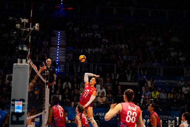 VOLLEY - Amichevole - BPER Test Match - Italy Women vs France Women Photo by IPA ABACAPRESS.COM84695063 - Fetia Rovira (FRA) spiking - BPER Test Match - Italy Women vs France Women. Biella Forum in Biella, Italy on May 14 2026. Biella Italy  Copyright: xIPAxSport ABACAx