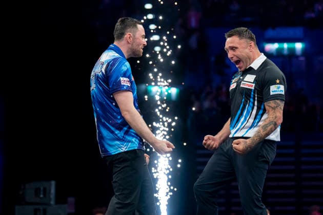 2026 BetMGM Premier League Darts, Night 15, Birmingham Luke Humphries and Gerwyn Price celebrate together during the 2026 BetMGM Premier League Darts, Night 15 at the Utilita Arena, Birmingham, England on 14 May 2026 Credit: Alex Young Every Second Media Editorial use only. All images are copyright Every Second Media Limited. No images may be reproduced without prior permission. Copyright: xIMAGO EveryxSecondxMediax ESM-1992-0050 AlexxYoungx xEveryxSecondxMediax