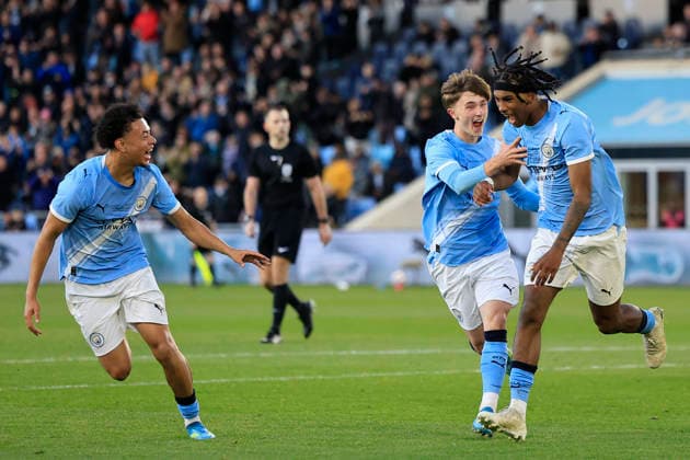 U18 Manchester City v U18 Manchester United, ManU FA Youth Cup Reigan Heskey (11) of Manchester City celebrates scoring to make it 2-1 during the FA Youth Cup Final match between U18 Manchester City and U18 Manchester United at the Joie Stadium, Manchester, UK on 14 May 2026. Manchester Joie Stadium Gt Manchester UK Editorial use only DataCo restrictions apply See www.football-dataco.com , Copyright: xConorxMolloyx PSI-24255-0059