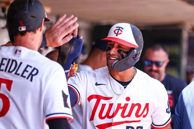 May 14, 2026, Minneapolis, Minnesota, USA: Minnesota Twins third baseman ROYCE LEWIS (23) celebrates scoring on a RBI double hit by Minnesota Twins right fielder AUSTIN MARTIN (16)(not pictured) in the second inning during a MLB, Baseball Herren, USA Baseball game between the Miami Marlins and the Minnesota Twins at Target Field in Minneapolis, Minnesota on May 14th, 2026. ZUMA Press Wire. Minneapolis USA - ZUMAg254 20260514_zsp_g254_069 Copyright: xStevenxGarciax