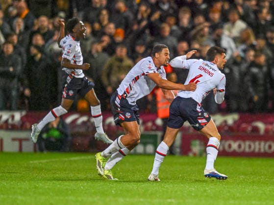 Bradford City v Bolton Wanderers Sky Bet League 1 Xavier Simons of Bolton Wanderers celebrates after scoring his teams first goal the Sky Bet League 1 Play-Off Semi-Final Second Leg match at the University of Bradford Stadium, Bradford 14 05 2026 UK Newspapers OUT Copyright: xKarlxVallantinex FIL-23430-0063