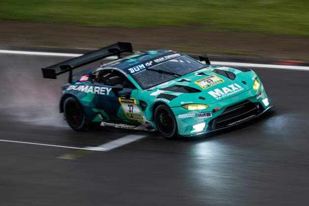 The Aston Martin Vantage AMR GT3 with starting number 37 from the PROsport racing team with drivers Guido Dumarey, Tobias Wahl, Markus Lönnroth and Christian Konnerth drives during Qualifying 2 on the Nürburgring Grand Prix circuit Nürburg Rheinland Pfalz Germany
