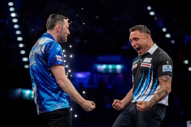 Darts BetMGM Premier League Luke Humphries and Gerwyn Price both celebrate reaching Finals night after the BetMGM Premier League darts, at Utilita Arena, Birmingham, UK on 14 May 2026. Birmingham Utilita Arena Midlands UK Editorial use only , Copyright: xManjitxNarotrax PSI-24244-0042