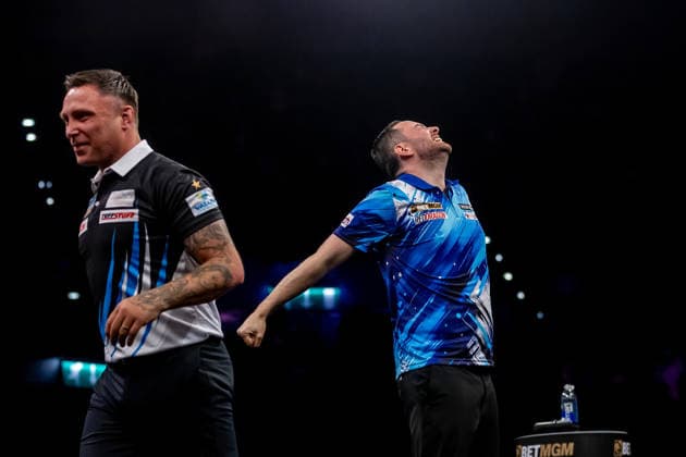 Darts BetMGM Premier League Luke Humphries celebrates winnin the Final after the BetMGM Premier League darts, at Utilita Arena, Birmingham, UK on 14 May 2026. Birmingham Utilita Arena Midlands UK Editorial use only , Copyright: xManjitxNarotrax PSI-24244-0044