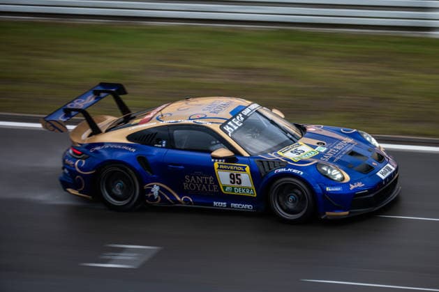 The Porsche 911 GT3 Cup 992 with starting number 95 from the Sante Royal Racing Team with drivers Stefan Kiefer, Marius Kiefer, David Kiefer and Luca Rettenbacher drives on the Nürburgring Grand Prix circuit Nürburg Rheinland Pfalz Germany during Qualifying 2