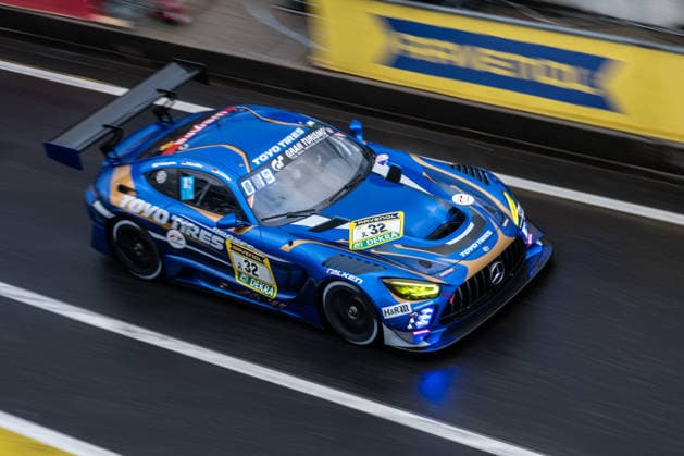 The Mercedes AMG GT3 with starting number 32 from Toyo Tires with Ring Racing with drivers Yuichi Nakayama, Andreas Gülden and Tim Sandtler drives in the pit lane of the Nürburgring Nürburg Rhineland-Palatinate Germany during Qualifying 2