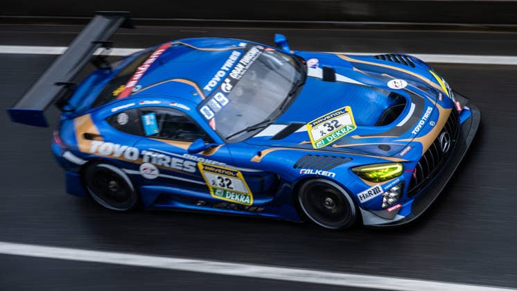 The Mercedes AMG GT3 with starting number 32 from Toyo Tires with Ring Racing with drivers Yuichi Nakayama, Andreas Gülden and Tim Sandtler drives in the pit lane of the Nürburgring Nürburg Rhineland-Palatinate Germany during Qualifying 2